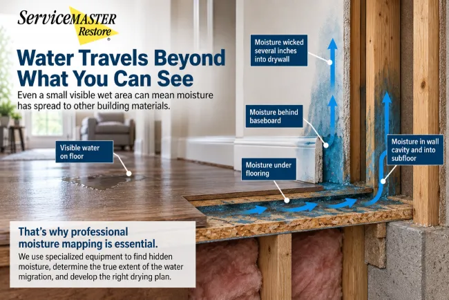 Infographic that shows a visible wet area on a hard surface floor.  A cross section illsustrates moisture beneath the floor, behind baseboard, and wicked several inches up the drywall.