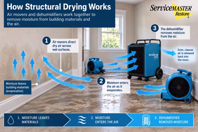 Airmovers directing airflow across wet walls and floors while a dehumdifier removes water vapor from the air. Arrows show how air and moisture are moving throughout the jobsite. 