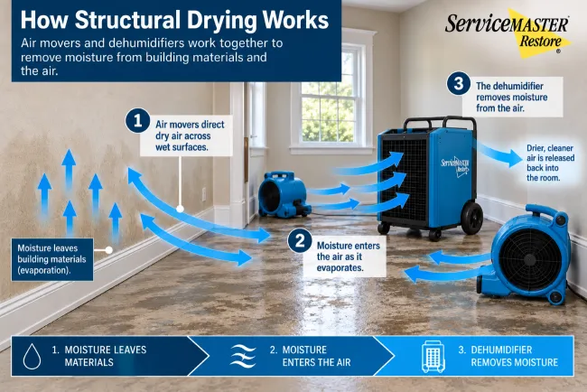 Airmovers directing airflow across wet walls and floors while a dehumdifier removes water vapor from the air. Arrows show how air and moisture are moving throughout the jobsite. 