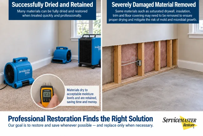 Split Infographic showing structural materials as walls and flooring being dried in place versus being removed.