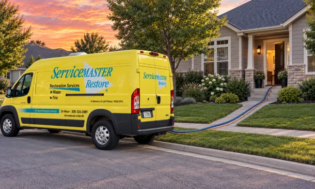 ServiceMaster van parked on street with carpet cleaning hoses from van going into residence