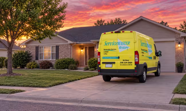 ServiceMaster van in residential driveway at sunset