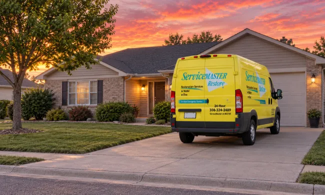 ServiceMaster van in residential driveway at sunset