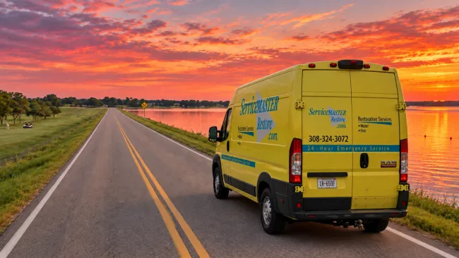 ServiceMaster Van on Johnson Lake NE Dam at Sunset