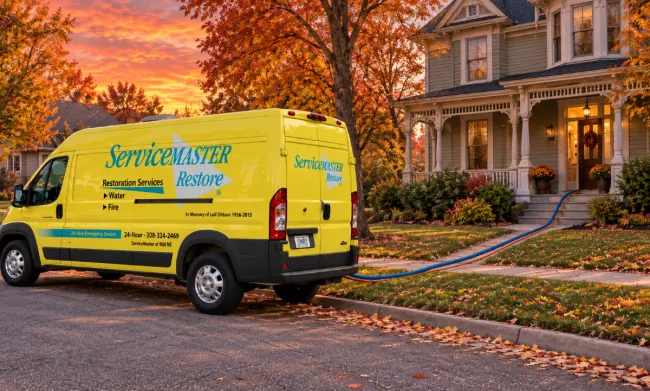 ServiceMaster Van parked in front of house on a fall day