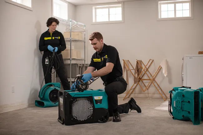 servicemaster technicians setting up jobsite water damage equipment