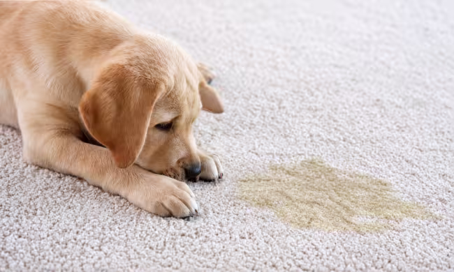 Yellow Lab Puppy laying near urine accident on carpet
