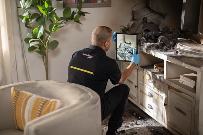 ServiceMaster technician documenting onsite fire damage in a residence