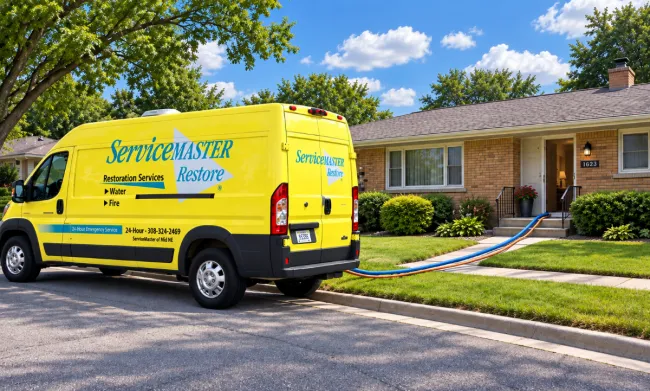 ServiceMaster van parked in street in front of brick ranch style house