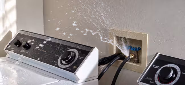 Washing machine hose break with water spraying out into the surrounding area