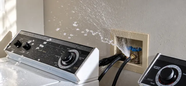 Washing machine hose break with water spraying out into the surrounding area