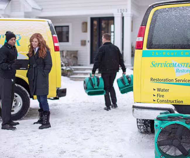 winter snow technicians carrying air movers