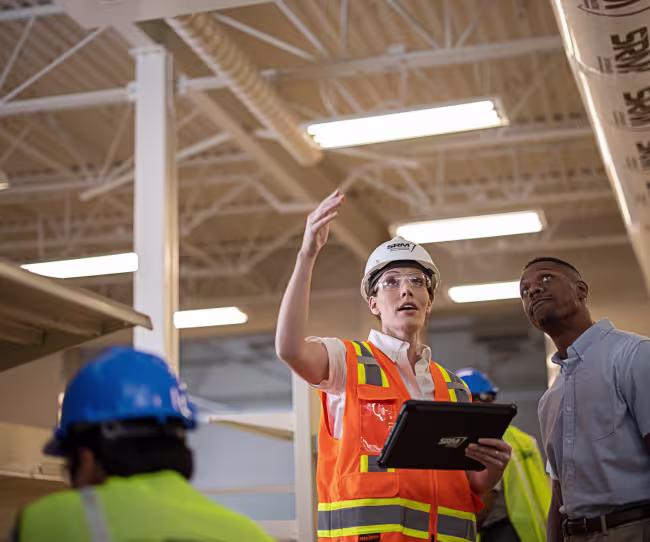 servicemaster-restore-technician-pointing-up-at-a-damage-and-explaining-restoration-plan-to-a-business-owner