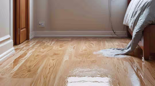 bedroom with water damage on floor