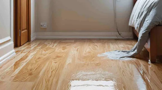 bedroom with water damage on floor