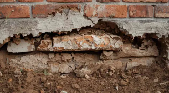 Crumbled brick foundation outside of a home