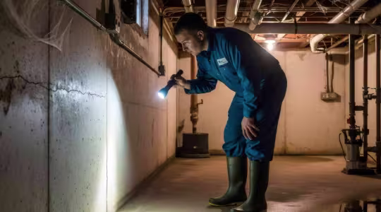 man checking for water in basement