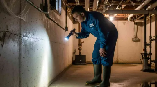 man checking for water in basement