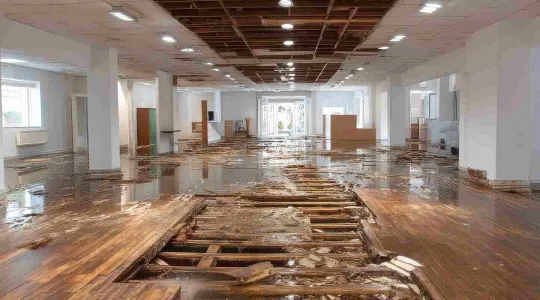 commercial building water damage on wood floors