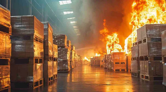 fire in warehouse at night