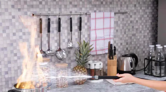 woman putting out small stove fire