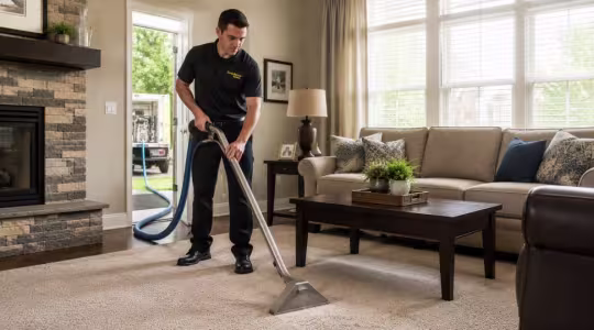 carpet cleaning tech extracting carpet in a modern living room