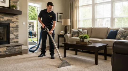 carpet cleaning tech extracting carpet in a modern living room