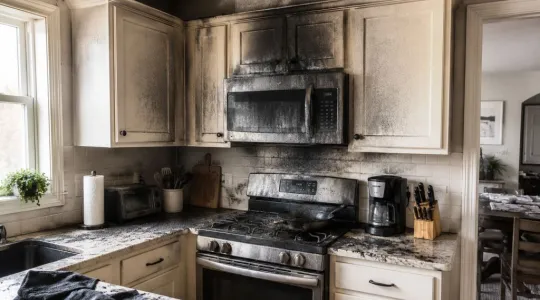 Smoke damaged cabinets, counters, and appliances after a small kitchen fire
