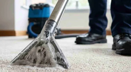 man professionally cleaning carpet