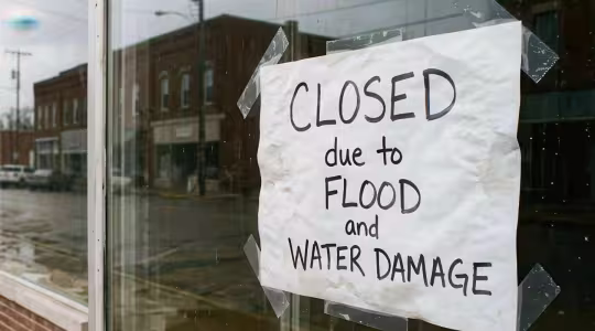 retail store with a sign saying they are closed due to water damage and flooding