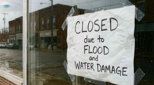 retail store with a sign saying they are closed due to water damage and flooding