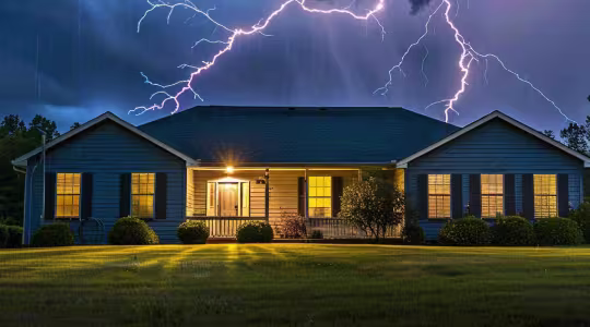 summer electrical storm with lighting coming down on a house