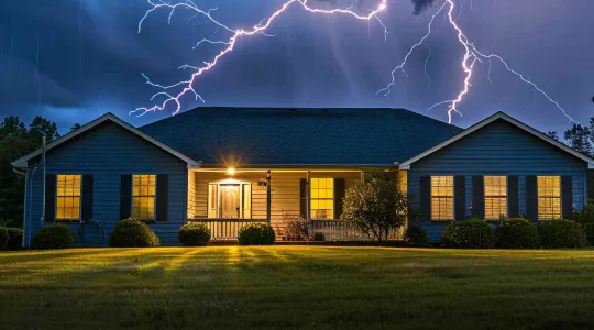 summer electrical storm with lighting coming down on a house