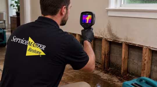 ServiceMaster Water Damage Technician Examining Wall with a Thermal Camera