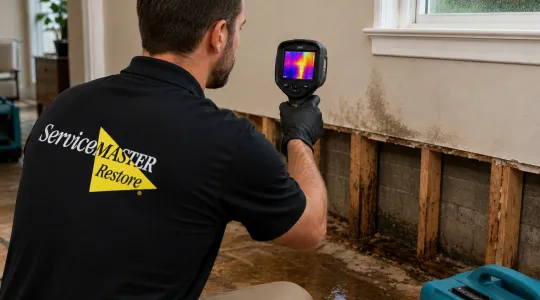 ServiceMaster Water Damage Technician Examining Wall with a Thermal Camera