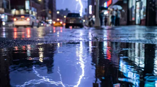urban street flood among commercial buildings