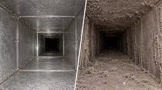 Before and after picture of professional air duct cleaning of air supply trunk duct 