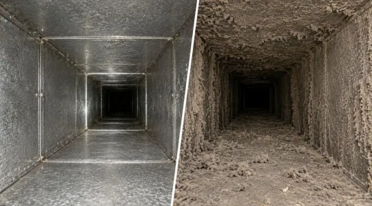 Before and after picture of professional air duct cleaning of air supply trunk duct 
