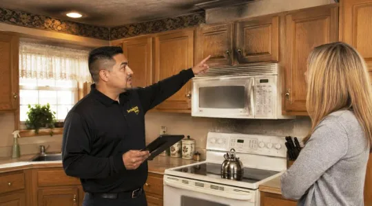 ServiceMaster technician discussing the smoke damage cleanup process to a homeowner while standing in a smoke damaged kitchen