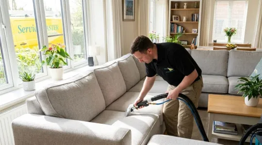 ServiceMaster Tech hot water extracting a sectional sofa