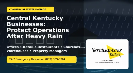 Commercial buildings in Central Kentucky during heavy rain with stormwater pooling, highlighting 24/7 emergency water damage response from ServiceMaster