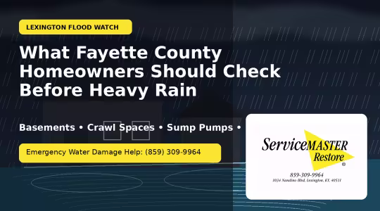 Stormwater pooling near a Lexington home during heavy rain, highlighting flood watch water damage risks for Fayette County homeowners