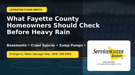 Stormwater pooling near a Lexington home during heavy rain, highlighting flood watch water damage risks for Fayette County homeowners