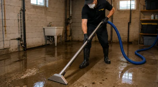 ServiceMaster technician extracting sewer water from a concrete basement floor
