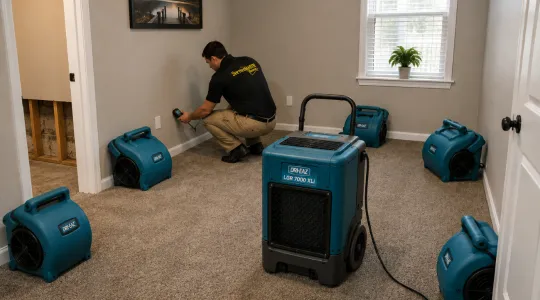 ServiceMaster technician setting up airmovers and dehumidification to dry out water damaged room