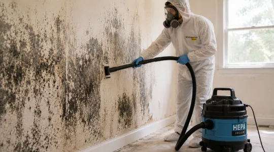 ServiceMaster technician using a HEPA vacuum tool to remove bulk mold from contaminated drywall prior to removal. 