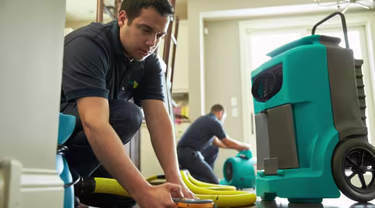 ServiceMaster tech performing water damage restoration in a home