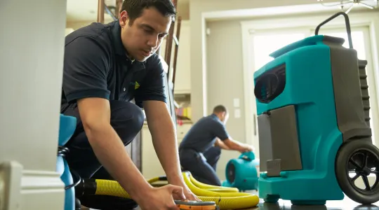 ServiceMaster tech performing water damage restoration in a home
