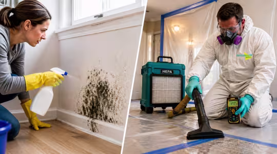 DIY Mold removal of homeowner and spray bottle vs Professional Technician in full protective gear with HEPA Vacuum and containment