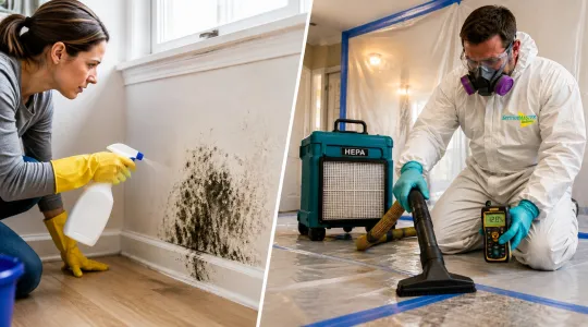 DIY Mold removal of homeowner and spray bottle vs Professional Technician in full protective gear with HEPA Vacuum and containment